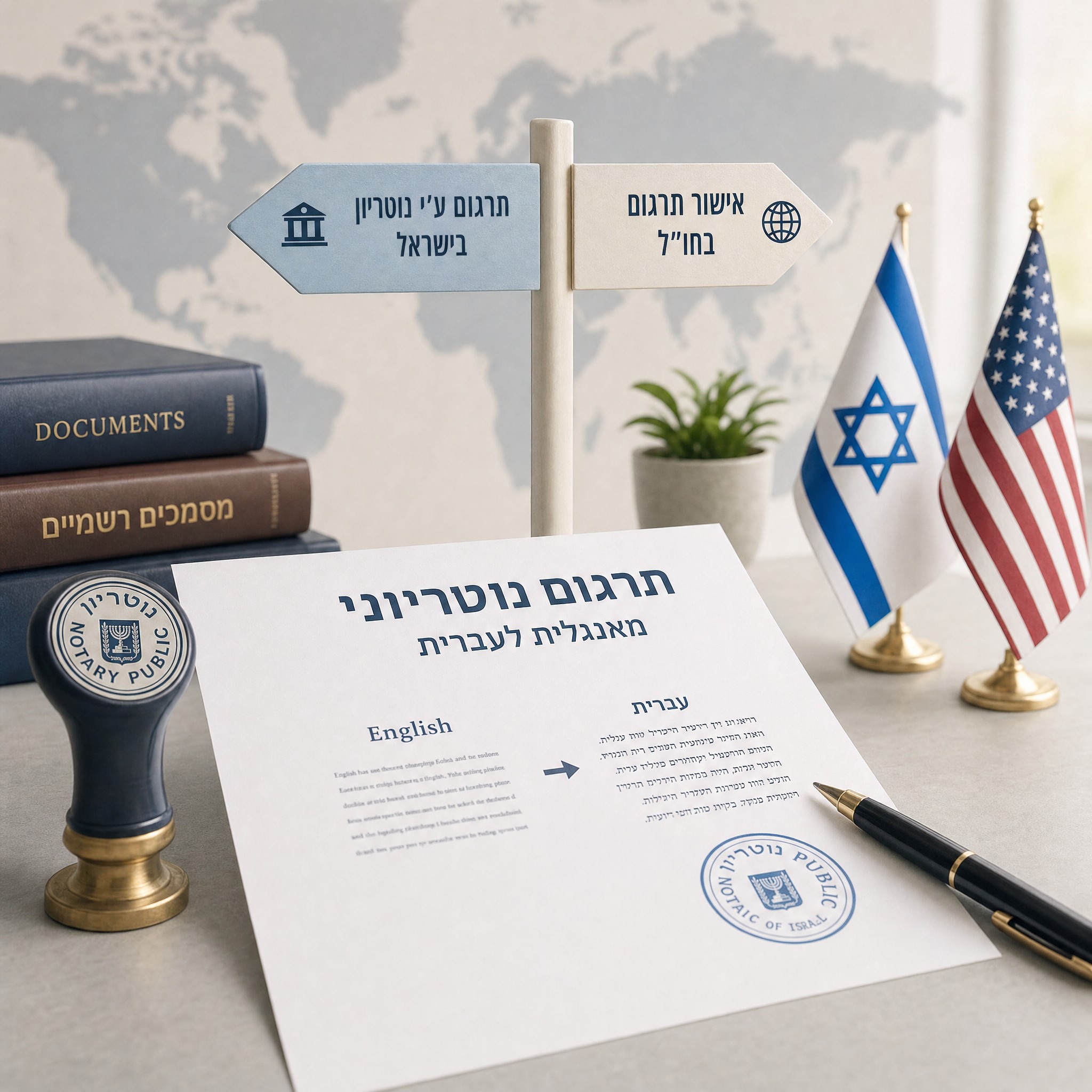תרגום נוטריוני מאנגלית לעברית ניתן בשתי דרכים: הנוטריון מתרגם בעצמו, או מאשר תרגום של מתרגם חיצוני. אילו מסמכים דורשים זאת, ומתי צריך גם אפוסטיל